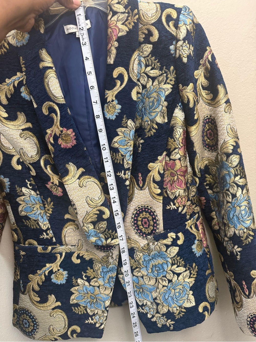 Moon River Navy Floral Jacquard Blazer with Gold Accents - Picture 8 of 8